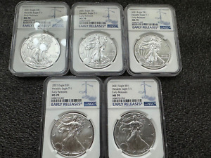 Lot of 5 - 2021 $1 AMERICAN SILVER EAGLE NGC MS70 Heraldic Eagle EARLY RELEASES