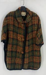 Vintage Womens Multicolor Plaid Wool Blend Button Front Casual Poncho Jacket