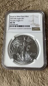 2021 W $1 Silver Eagle 1 oz HERALDIC EAGLE T-1 NGC MS70 Struck at West Point