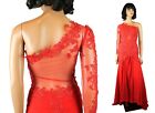 One Shoulder Pageant Gown XS Red Sheer Lace Mesh Chiffon Open Back Prom Dress