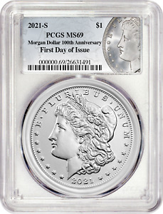 2021-S Morgan Dollar PCGS MS69 First Day of Issue 100th Anniversary w/Box & COA