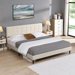 New ListingKing Size Platform Bed Frame with Upholstered Headboard & Wooden Slats