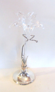 HandBlown Trumpet Lily Clear Glass Bud Vase Mounted In Silver Plate Display Base