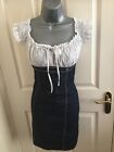 Jane Norman vintage Y2K white broderie anglais blue denim milkmaid dress size 10
