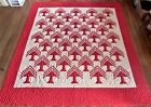 Huge Unused Vintage 1950's Hand Stitched Red Tree of Life Quilt 110x100