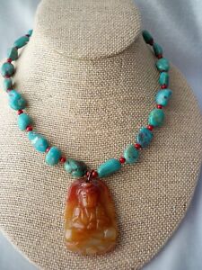 Vintage Carved Carnelian Buddha Pendant Turquoise Nugget Red Bead Necklace