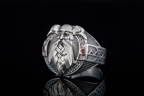 Sterling Silver Ring with Odin and Ravens Symbol, Unique Handcrafted Jewelry