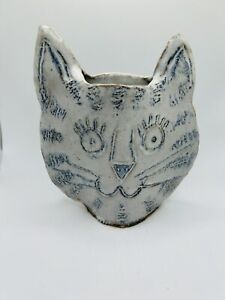 Vintage Clay Art Pottery Cat Face Vase Gray Blue Signed by Artist 1997