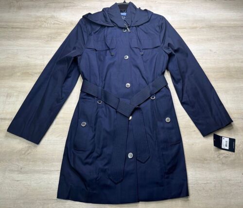 NWT LONDON FOG Womens Coat Blue L Trench Hooded Belted Drawstring