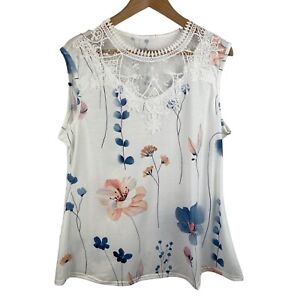 Womens Size Large White w/Multicolor Flowers Sleeveless Shirt Lace Neckline