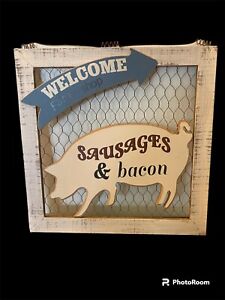 New ListingNWOT RUSTIC WELCOME FARM SHOP PIG SAUSAGES & BACON CHICKEN WIRE SIGN