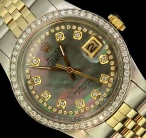 Rolex Mens Datejust Date Oyster Solid Gold Steel Diamond Pearl Dial Bezel Watch