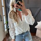 M New White Lace Long Sleeve V-Neck Button Front Blouse Top Womens Size MEDIUM