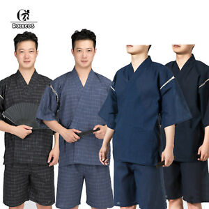 Japanese Mens Jinbei Kimono Short Sleeve Pants Sleepwear Pajamas Sets Loungewear