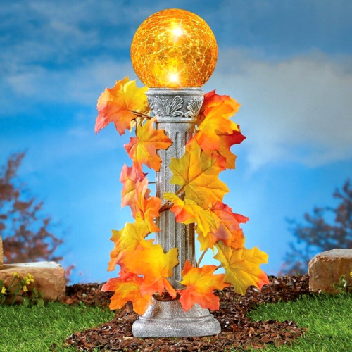 Solar Lighted Fall Orange Gazing Ball Yard Statue Harvest Garden Ornament 15