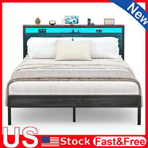 Full/Queen/King Size LED Bed Frame with Headboard Platform & Charging Station US