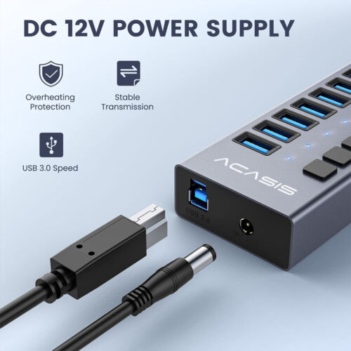 ACASIS Powered USB Hub Multi ports USB 3.0 Data/Charge Hub 12V Individual Switch