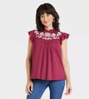 Knox Rose Womens Embroidered Burgundy Short Flutter Sleeve Top Boho Size XL New