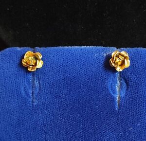 Vintage Studs Solid Rose Flower Gold Earrings 