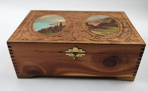 Hand Carved Wooden Jewelry Trinket Vintage Treasure Box with Hinged Lid 11” Wide