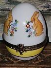 Vintage 1990s Limoges France Porcelain Egg Shaped Hinged Trinket Box Bunnies