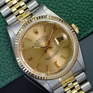 ROLEX MENS DATEJUST 16233 18K GOLD STEEL CHAMPAGNE INDEX DIAL FLUTED 36MM WATCH