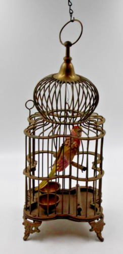 Vintage Brass Bird Cage Ornate Dome Art Deco Style Beautiful Bird in Cage Opens