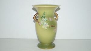 Roseville USA Art Pottery ca. 1948 Green Apple Blossom Handled Vase # 385-8