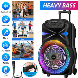 Portable 15” Bluetooth Speaker Subwoofer Heavy Bass Party DJ System Mic AUX FM