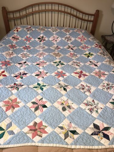 VTG HANDMADE QUILT HAND STITCHED SEWN STAR MULTICOLOR AMERICANA 64 X 72 BLUE