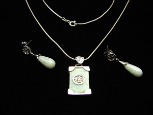 GREEN JADE STERLING SILVER PENDANT NECKLACE & EARRINGS CHINESE CHARACTER