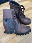 EUC Sorel Boots Womens 8.5 Wedge Winter Snow Black Brown Gray Leather Lace Up