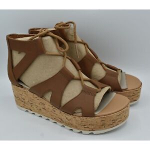 Sorel Women Size 9 Cameron Flatform Leather Lace Up Wedge Platform Sandals