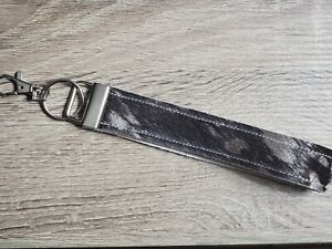 Genuine Leather Wrist Strap Key Fob Black with Silver Hair on Hide 6