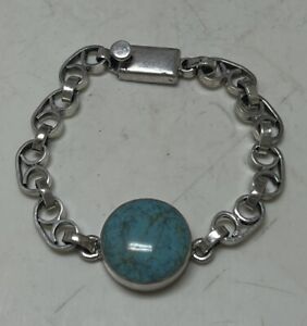 Old Pawn 925 Silver Turquoise Circle Bracelet 26.2G 7.5” Estate Handmade Navajo