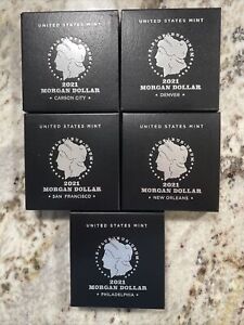 Lot of 2021 Morgan Silver Dollars (5) With Box’s & COA. CC, O, P, D and S