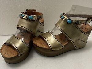OTBT LAYOVER Wedge Sandals-Gold/Turquoise-Size 9M