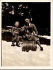 Handsome Father Family Man Sledding with Children Snow 1940s Vintage Photograph