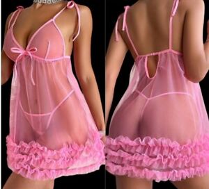 Frilly Ruffled Pink Babydoll Nighty & Thong Set XL Sheer Mesh Chiffon Lingerie