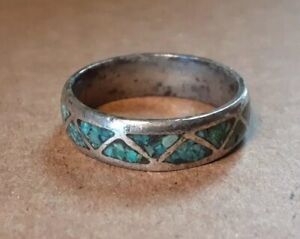 OLD VTG SOUTHWEST STERLING SILVER TURQUOISE CHIP INLAY 6MM BAND RING SZ 9.25#4NY