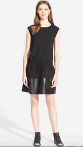 NWT VINCE LEATHER CONTRAST BAND DRESS BLACK S $495