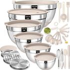 Mixing Bowls with Airtight Lids Set, 26PCS Stainless Steel Khaki Bowls with 3 Gr