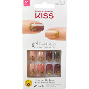 NEW Kiss Nails Gel Fantasy Press Glue Manicure Medium Beige Brown Gold Glitter