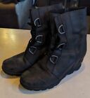 Womens Sorel Joan of Arctic ii Black Leather Hidden Wedge Boots Size 8.5 M