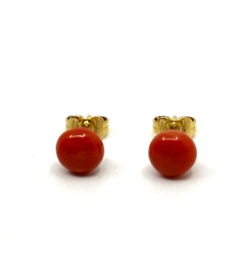 Vintage Italy 18K Solid Yellow Gold Flat Ox Blood Red Coral Earrings 7mm (B)