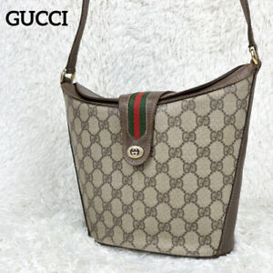 Gucci Old Gucci Sherry Line GG Bucket Shoulder Bag Beige Brown PVC Leather