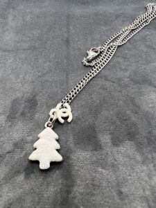 Vintage CHANEL Silver Plated Christmas White CC Logo Tree Charm Pendant Necklace