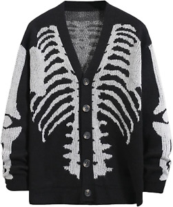 Men's Skeleton Print Long Sleeve Cardigan Sweaters V Neck Button Down