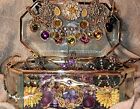 Vintage Rhinestone Jewelry Lot In Small Glass Jewelry Box RINGS BROOCHS EARRINGS