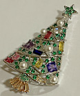 Christmas Tree Multicolor Crystal Rhinestone Brooch Pin Vintage Silver Tone